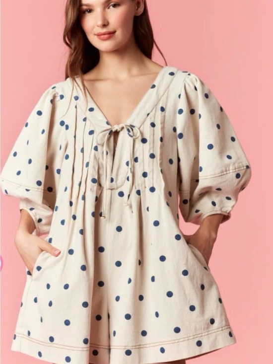 Peach Love California Pants - Peach Love Sweet Denim Polka Dot Loran Cream Romper